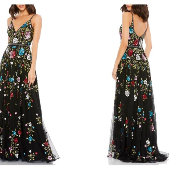 MAC DUGGAL FLORAL EMBELLISHED A-LINE BLACK MULTI COLOR GOWN sz 14 - Picture 2 of 8